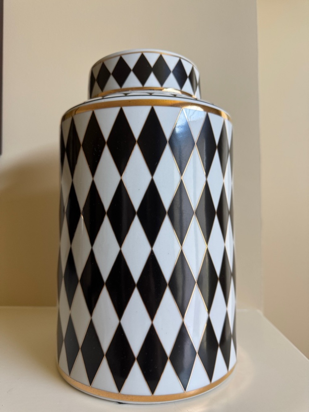 NWOT Decorative Black and White Harlequin Ceramic Jar with Gold Trim